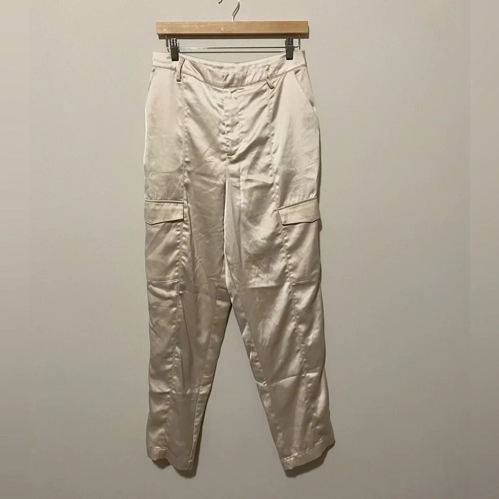 House of Harlow Cream Satin Cargo Pants 8